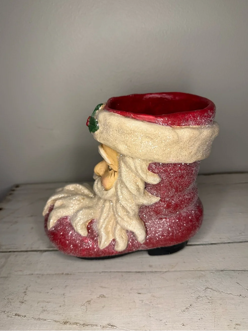 RAZ Imports Large Paper Mache Santa Face Glitter Boot 7.5” Hand Painted